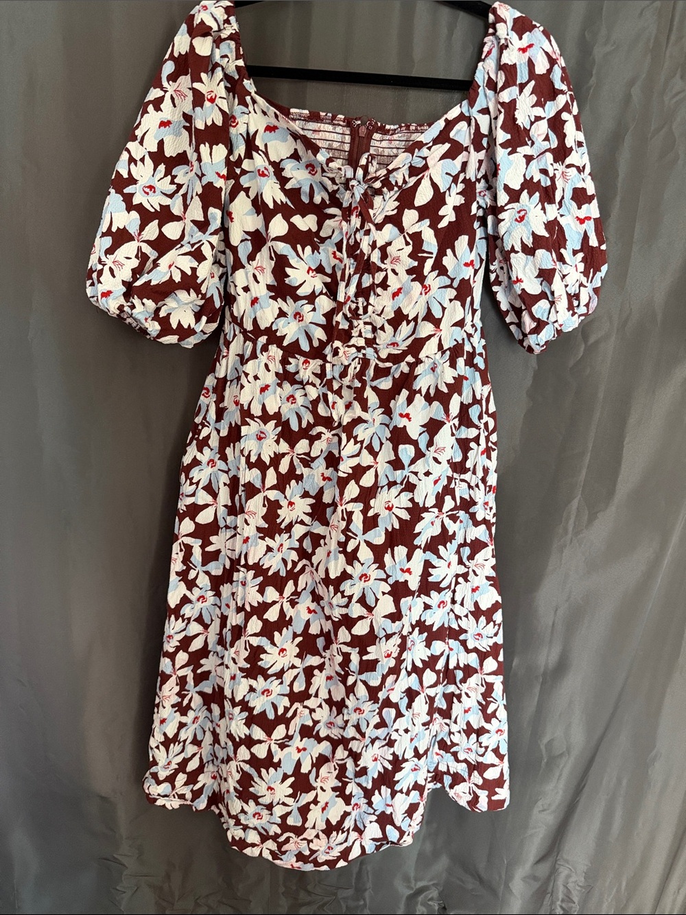 Free Assembly Floral Puff-Sleeve Dress in Burgundy and White, off shoulder style
